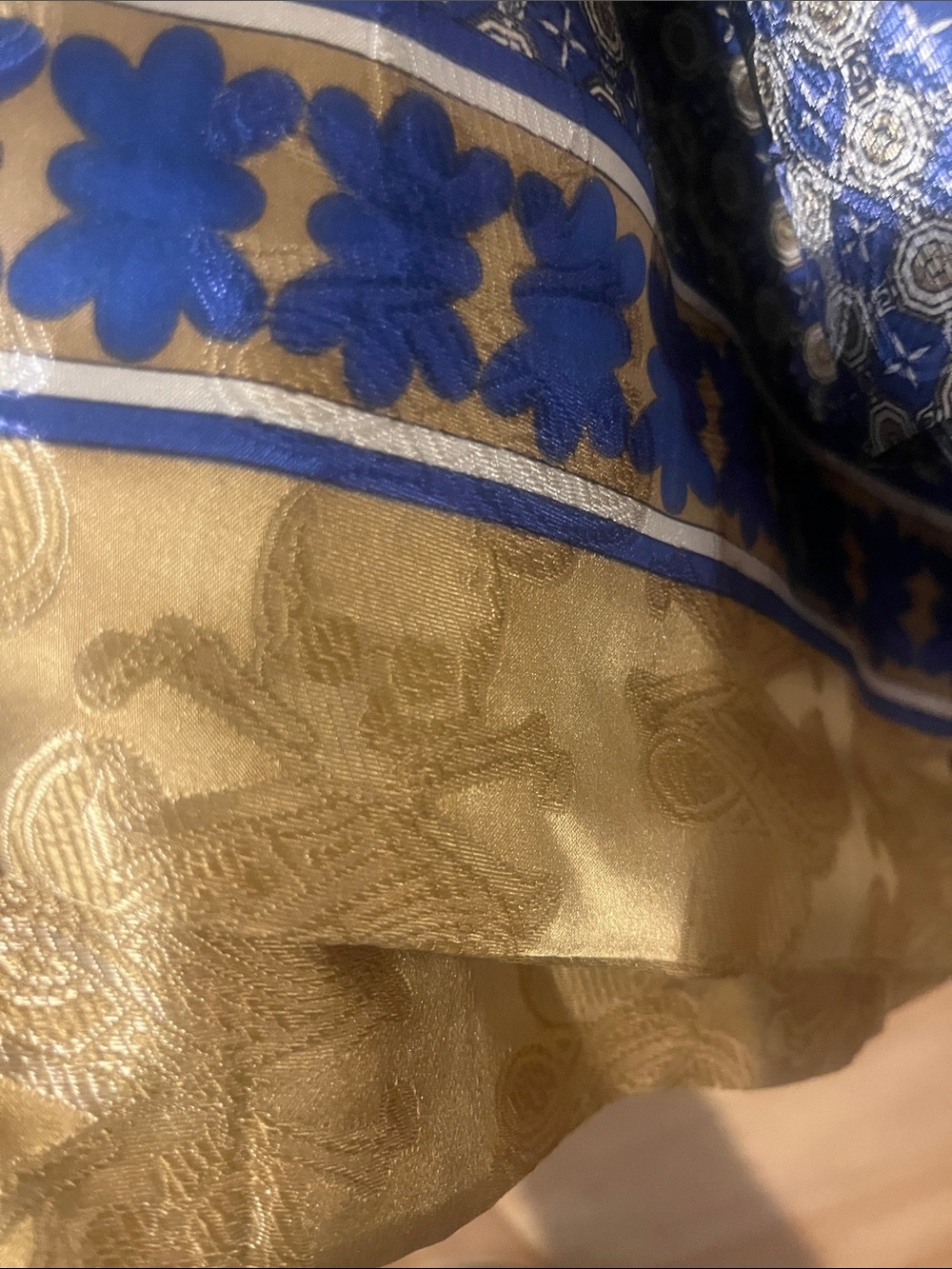 100% Mulberry Silk Scarf/Wrap-Blue and Gold Medallions With Skull Borders